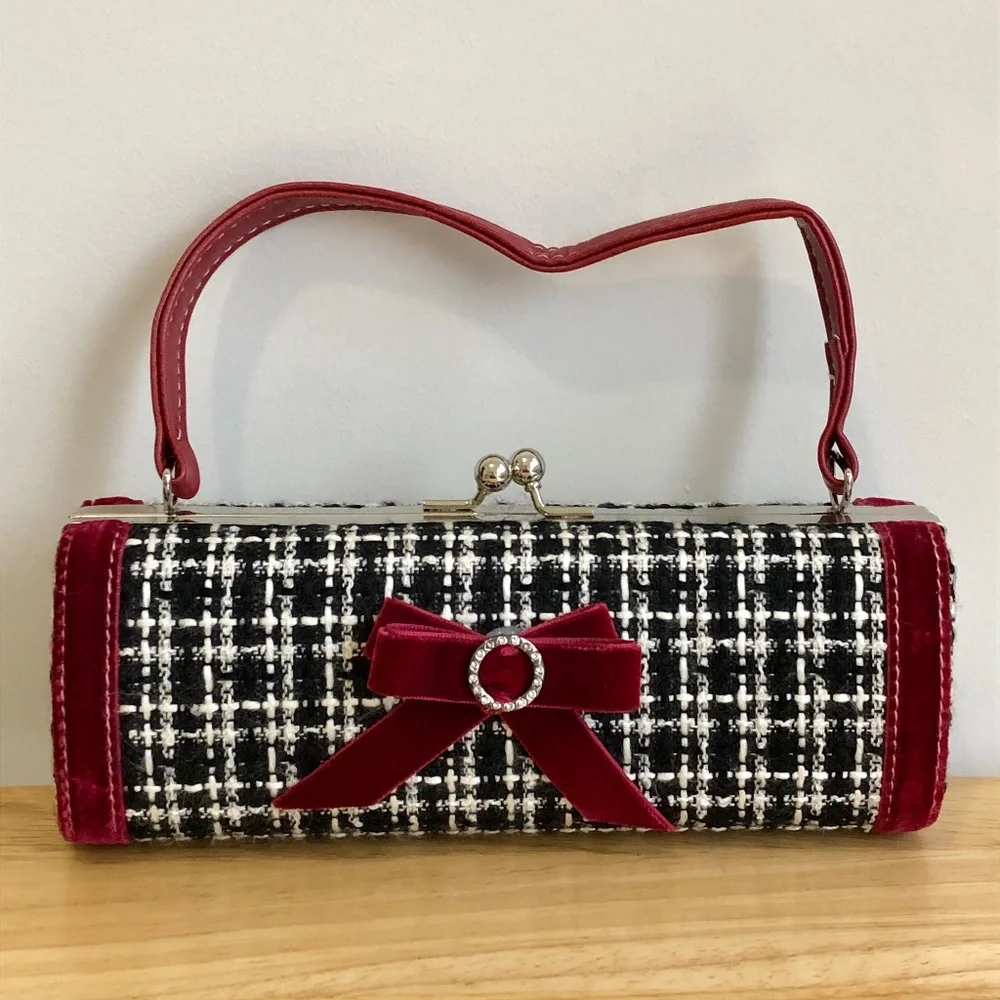 Tweed velvet bow bag purse retro kisslock style black white burgundy diamantés - Picture 1 of 6